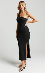 Alexa Midi Dress - Knitted One Shoulder Thigh Split Dress in Black