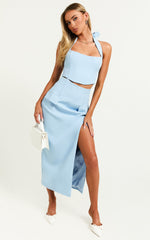 Davie Midi Skirt - High Waist Split Front Skirt in Ice Blue
