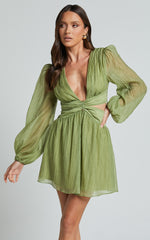 Casey Mini Dress - Plunge Neck Puff Long Sleeve Dress in Sage
