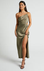 Jaylani Midi Dress - One Shoulder Thigh Split Gathered Satin Dress in Dark Olive