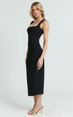 Stella Midi Dress - Square Neck Cap Sleeve Fitted Dress in Black