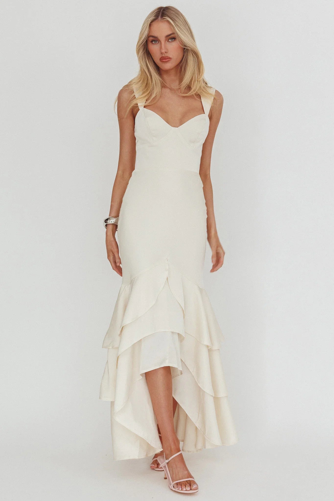 Baylin Layered Mermaid Hem Maxi Dress Cream