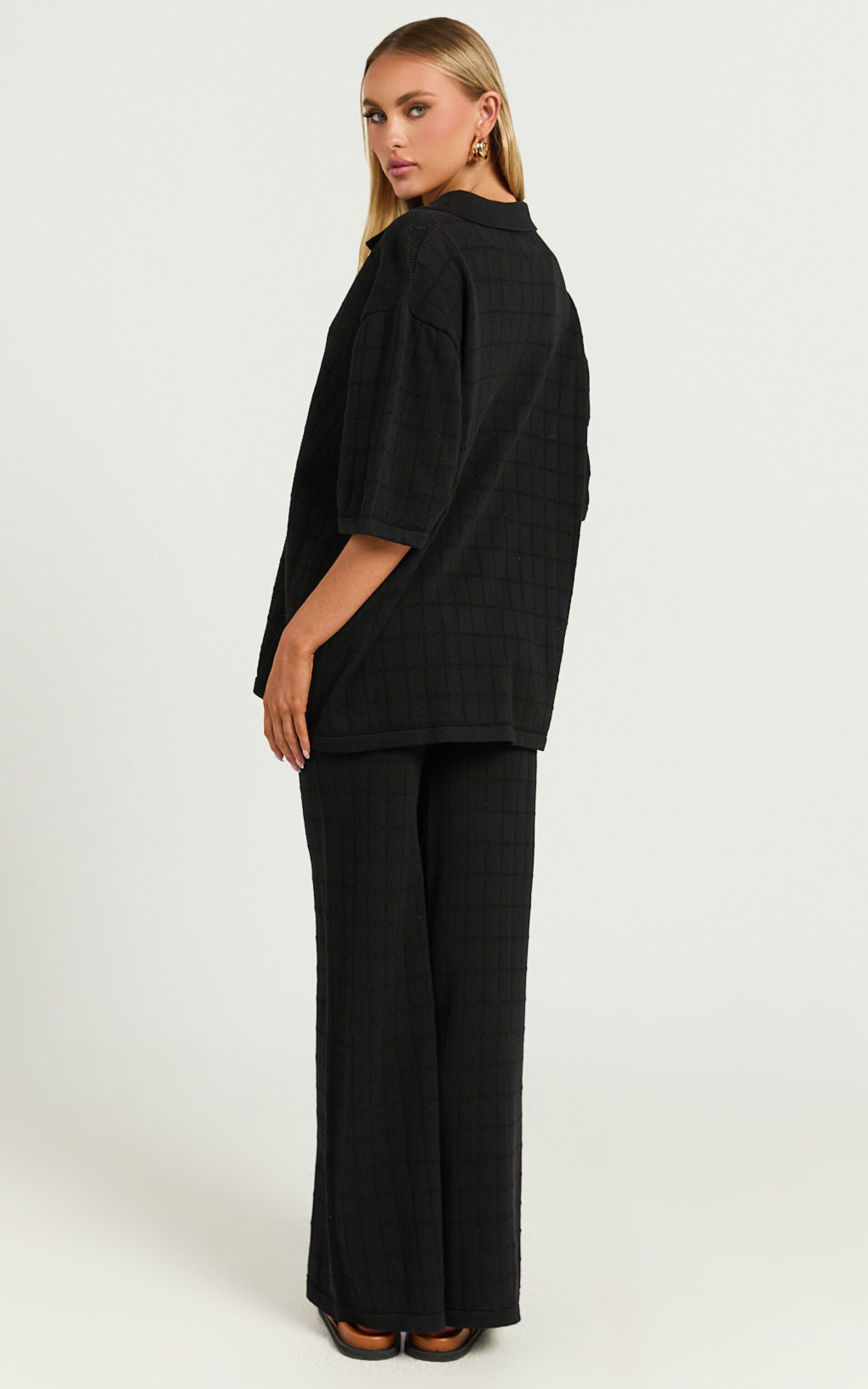 Tommy Two Piece Set - Knit Button Through Top and Pants Two Piece Set in Black