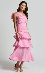 Eugenia Midi Dress - One Shoulder Fit and Flare Layered Dress in Pink
