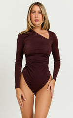 Genie Bodysuit - Long Sleeve Asymmetric Neckline Bodysuit in Chocolate