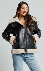 Willa Jacket - Faux Leather Shearling Aviator Jacket in Black