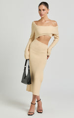 Alabama Midi Dress - Off One Shoulder Asymmetric Long Sleeve Knit Dress in Sand