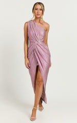 Davie Midi Dress - Metallic One Shoulder Front Wrap Dress in Soft Pink