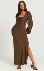 Sydney Midi Dress - Scoop Neck Long Sleeve Slip Dress in Brown