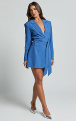 Mhina Mini Dress - Waist Tie Blazer Dress in Cobalt