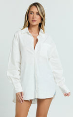 Anziel Top - Oversized Long Sleeve Linen Blend Shirt in White