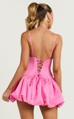 Aaliyah Mini Dress - Drop Waist Plunge Lace Back Dress in Pink