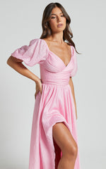 Dorothea Midi Dress - V Neck Puff Sleeve Ruched Bust in Pink