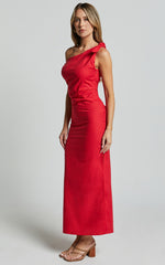 Cincinnati Midi Dress - Off The Shoulder Side Split Column Linen Dress in Red