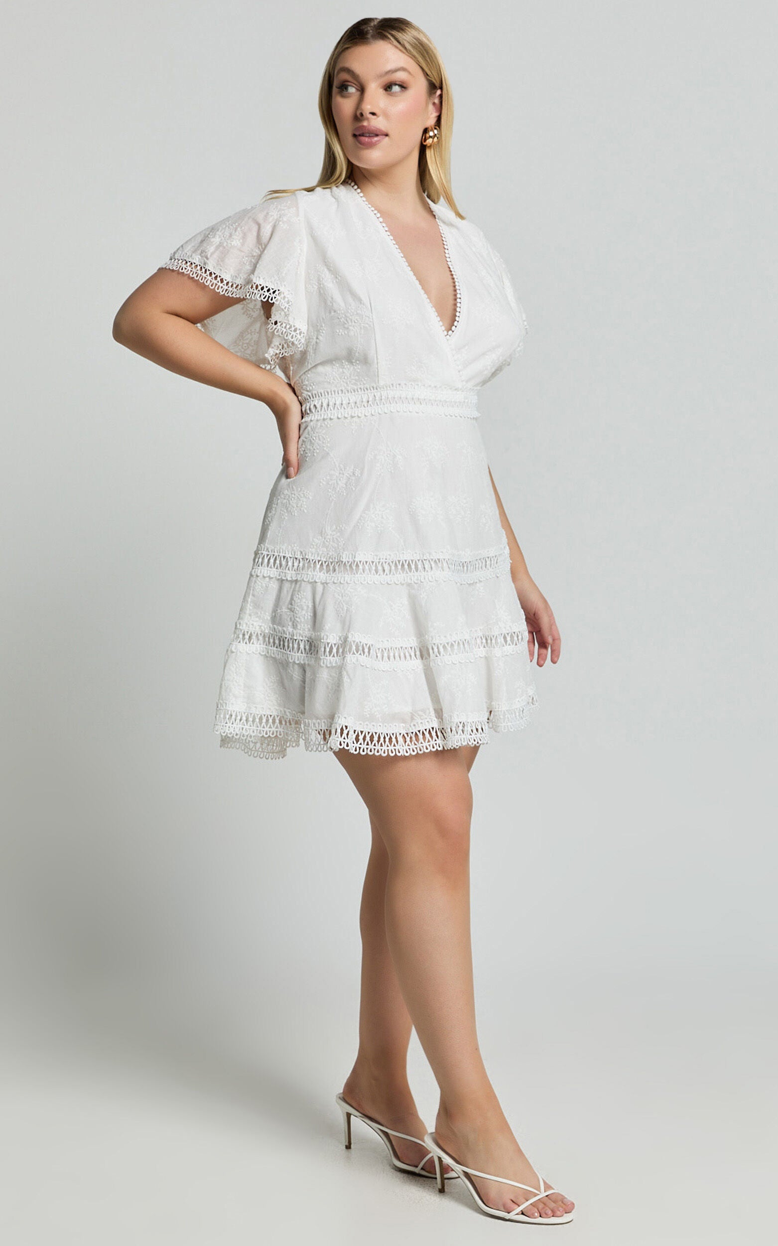 Ariana Mini Dress - V Neck Flutter Sleeve A Line in White