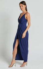 Dominique Midi Dress - V Neck Twist Front Jersey Dress in Navy