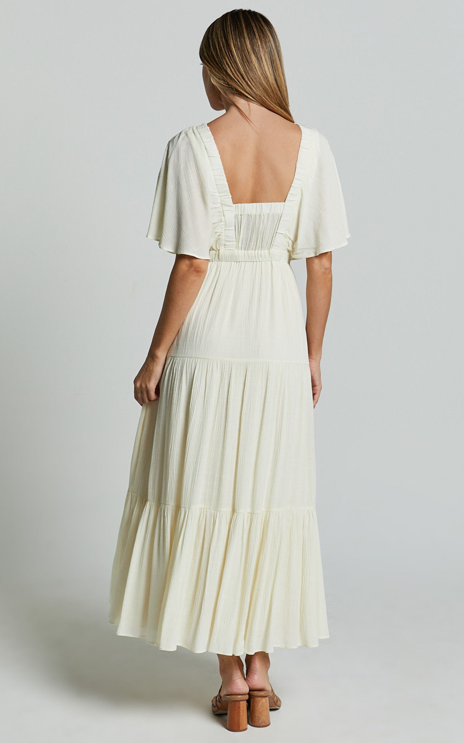 Danny Midi Dress - Ruffle Sleeve Tiered Dress in Natural