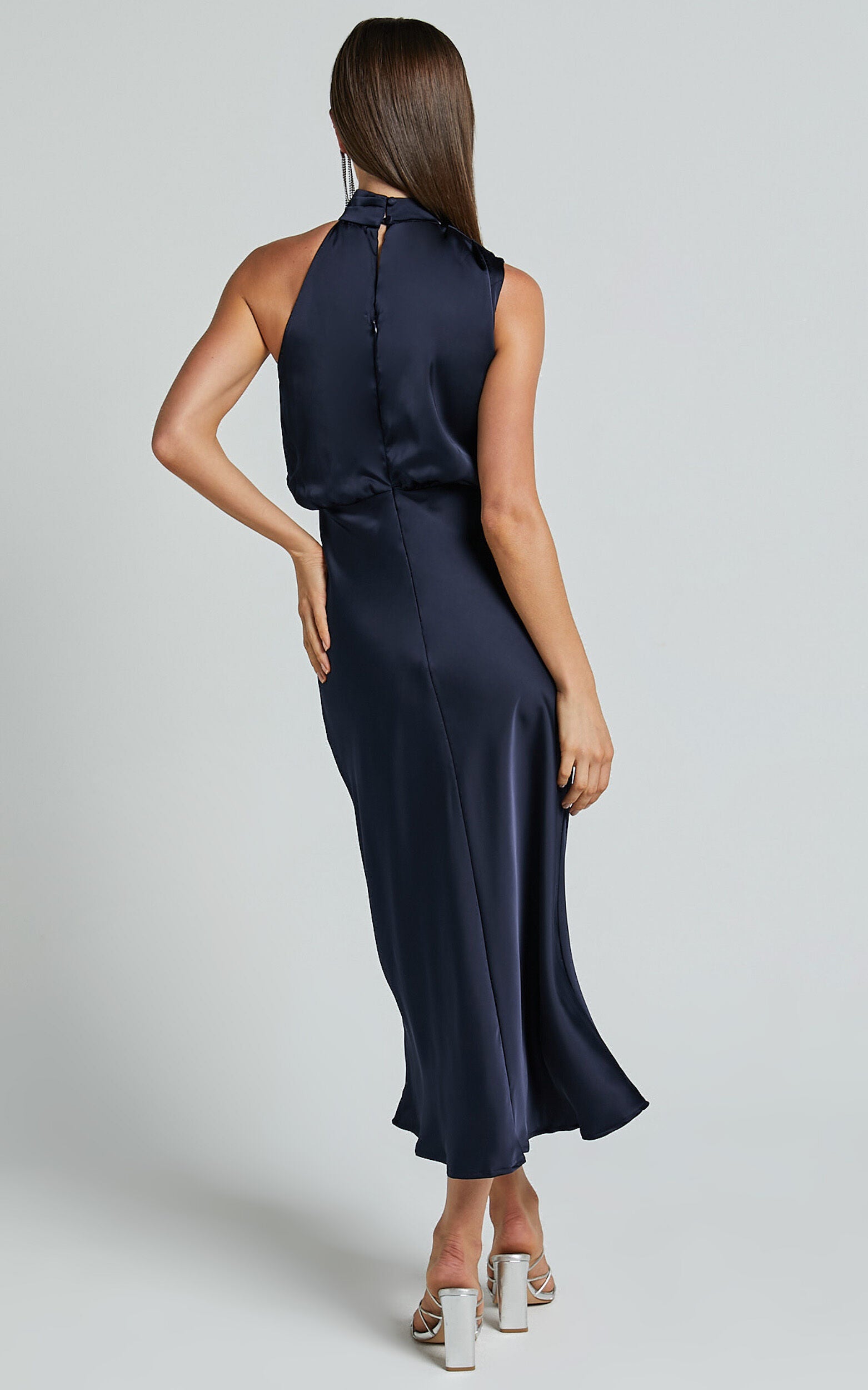 Minnie Midi Dress - Drape Neck Satin Slip Dress in Midnight Blue