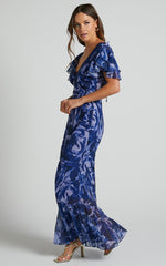 Dylana Midi Dress - V Neck Flutter Sleeve Dress in Navy Swirl