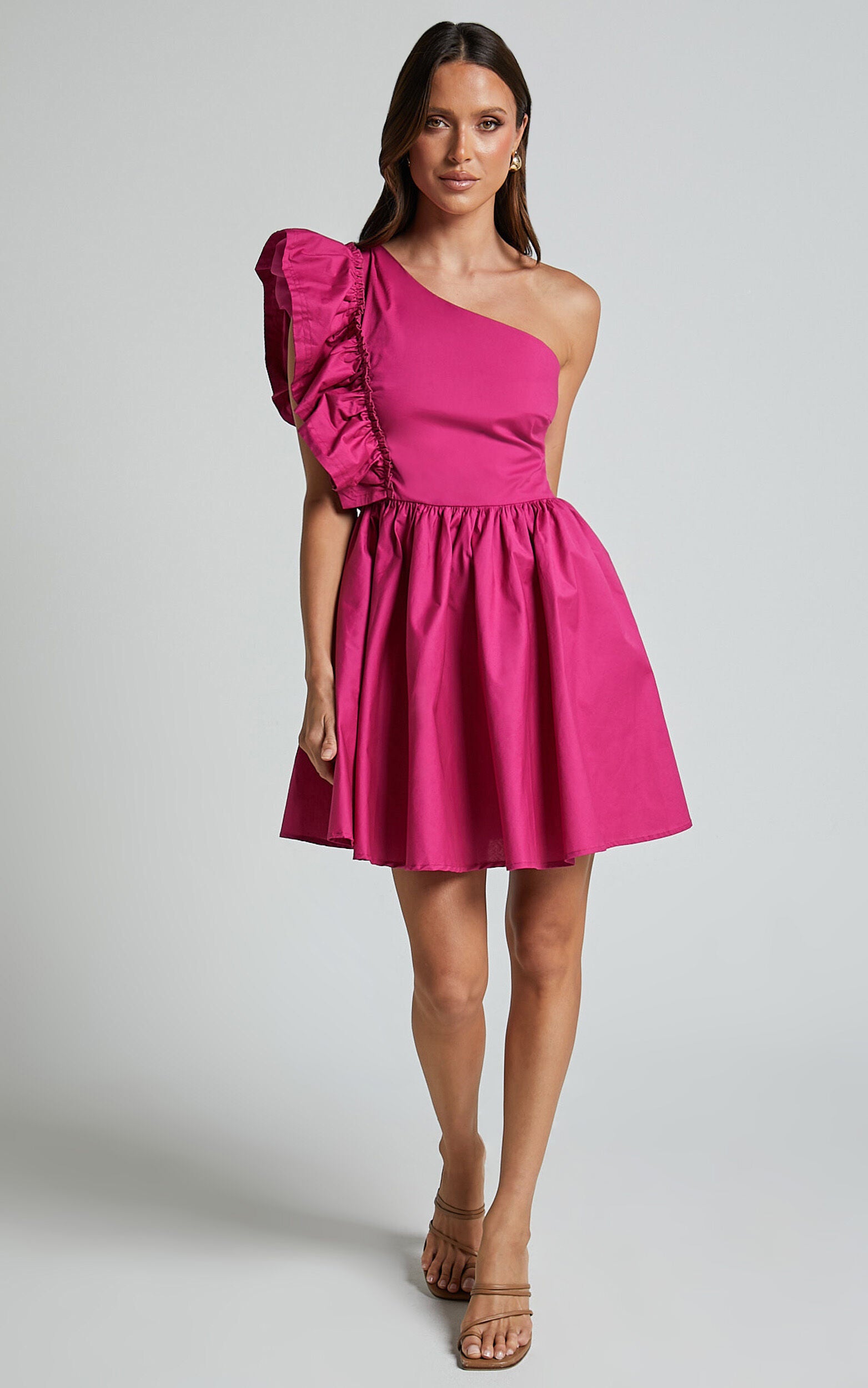 Brodie Mini Dress - One Shoulder Frill Dress in Raspberry