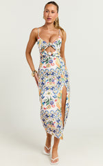 Janice Midi Dress - Knot Detail Front Split Dress in Positano Print