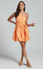 Jovette Mini Dress - One Shoulder Tie Waist Bubble Hem Dress in Apricot