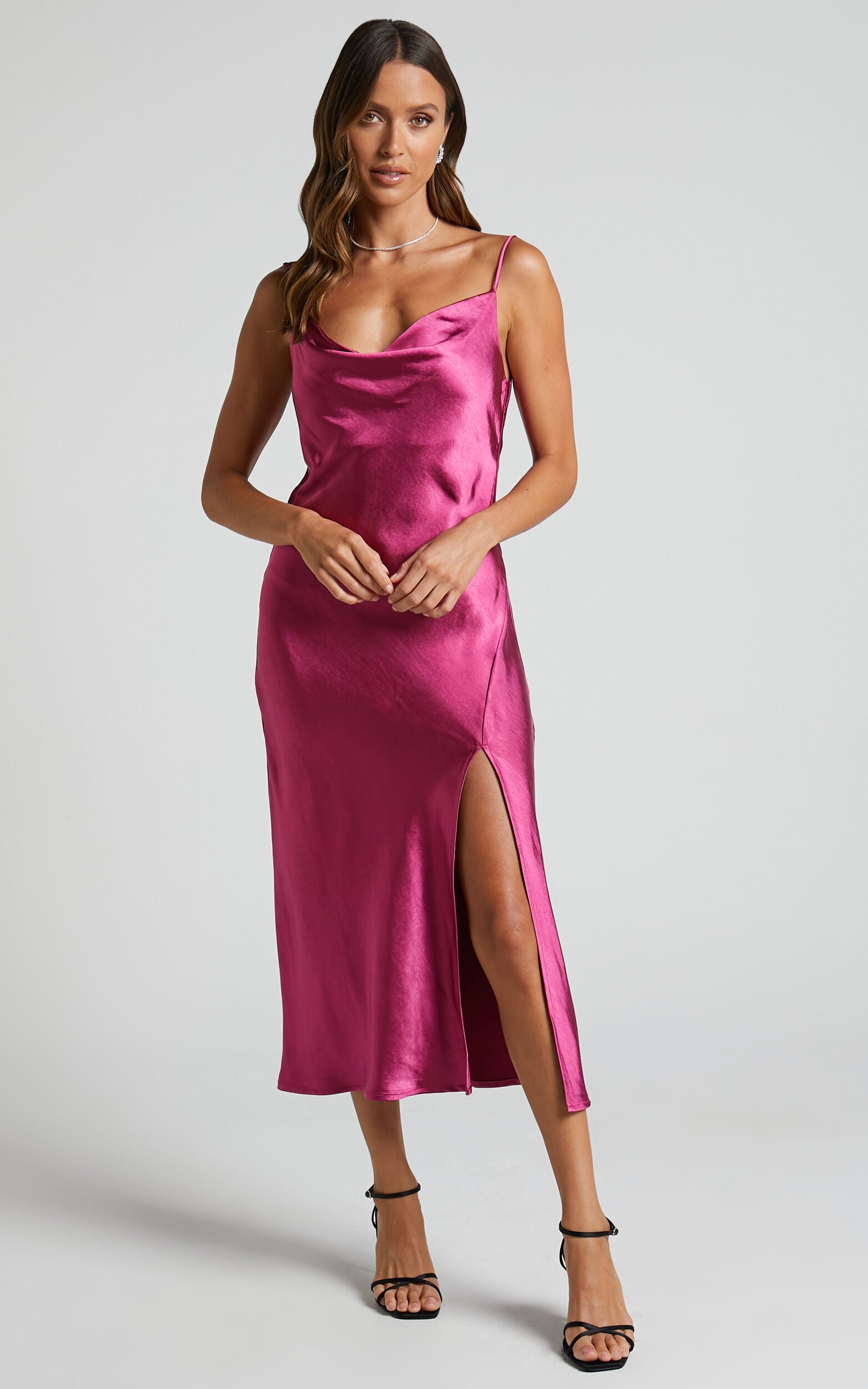 Sherrie Midi Dress - Cowl Neck Open Back Satin Dress in Berry