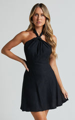 Louie Mini Dress - Linen Halter Neck Dress in Black