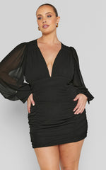 Hollis Mini Dress - Ruched Long Sleeve Plunge Neck Dress in Black