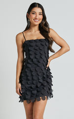 Leah Mini Dress - Strappy 3D Floral Cami Dress in Black