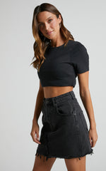 Pieta Mini Skirt - Recycled Cotton Raw Hem Denim Skirt in Washed Black