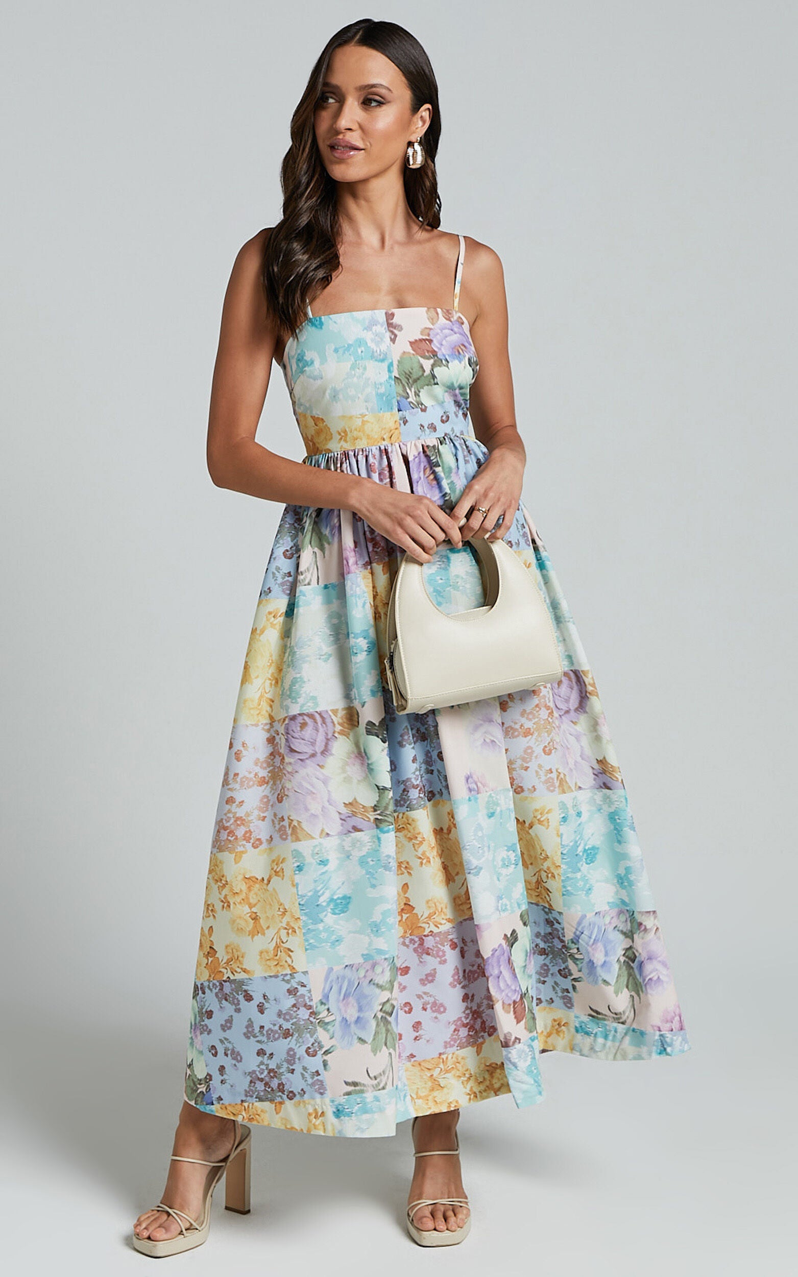 Carolynne Midi Dress - Strappy Empire Waist Dress in Vintage Floral