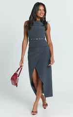 Jenni Midi Skirt - Asymmetric Cross Over Mid Waisted Skirt in Slate Grey