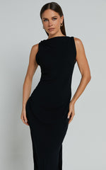 Jessenia Midi Dress - Linen High Neck Dress in Black