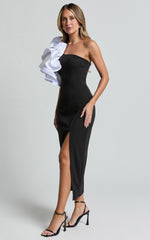 Fergie Midi Dress - Strapless 3D Floral Thigh Split Dress in Black and White