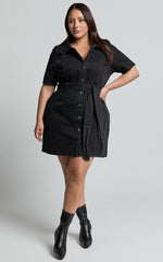Aelicia Mini Dress - Button Through Denim Dress in Washed Black