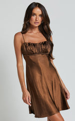Chanaye Mini Dress - Ruched Bust Satin Cami Dress in Chocolate