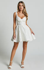 Cate Mini Dress - Sweetheart Pleated Bust Jacquard Mini Dress in White