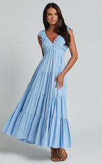 Nicollee Midi Linen Dress - Plunge Neck Sleeveless Tiered Dress in Blue