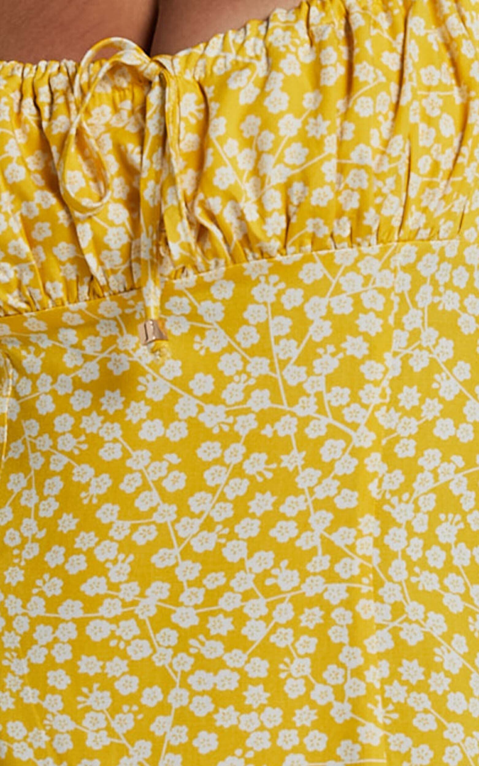 Willa Midi Dress - Ruched Bust Thigh Split Dress in Yellow Floral