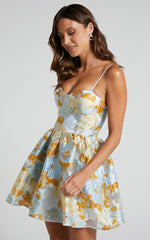 Brailey Mini Dress - Sweetheart Bustier Dress in Blue Jacquard