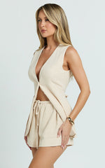 Olivia Top - Longline Linen V Neck Back Tie Vest Top in Natural