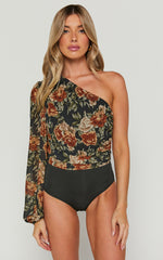 Jaziel Bodysuit - One Shoulder Ruched Bodysuit in Black Floral