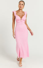 Roycie Midi Dress - Frill Sleeve V Neck Dress in Pink