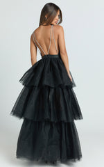 Jemma Maxi Dress - Tiered Tulle Plunge Cross Back Dress in Black