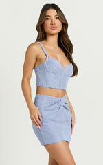 Sandra Mini Skirt - Twist Front Stripe Mini Skirt in Mid Blue Stripe