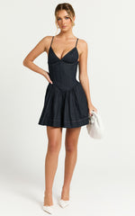 Betchie Mini Dress - V - Neck Strappy Drop Waist Gathered Skirt Denim Dress in Dark Raw Denim