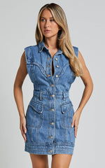 Jasse Mini Dress - Button Through Denim Dress in Mid Blue Wash