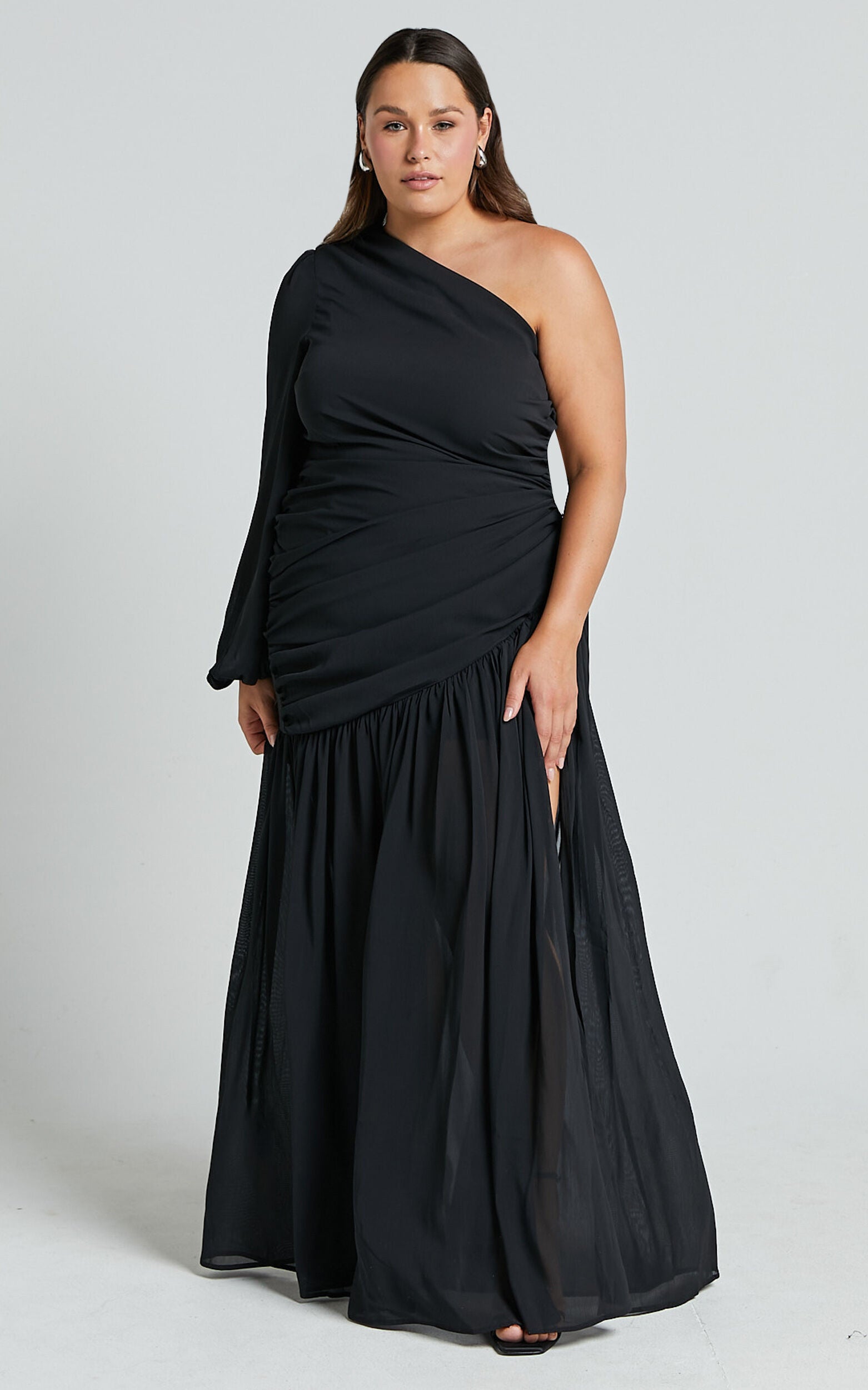 Grittah Midi Dress - One Shoulder Bishop Sleeve High Split Ruched Dress in Black