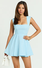 Adira Mini Dress - Square Neck Corset Bodice Pleat Skirt Backless Dress in Blue